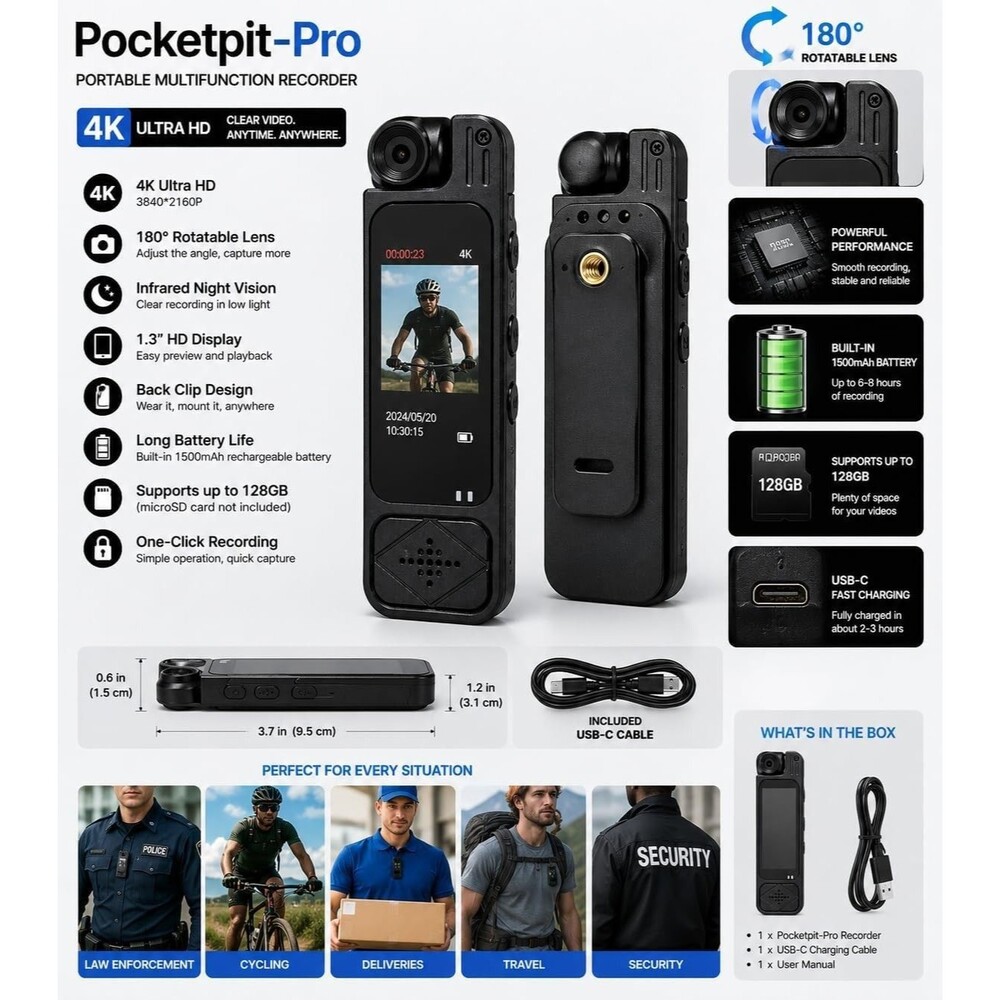 Pocketpit-Pro 4K UHD Handheld Recorder, 180° Rotation, Night Vision, Action Cam